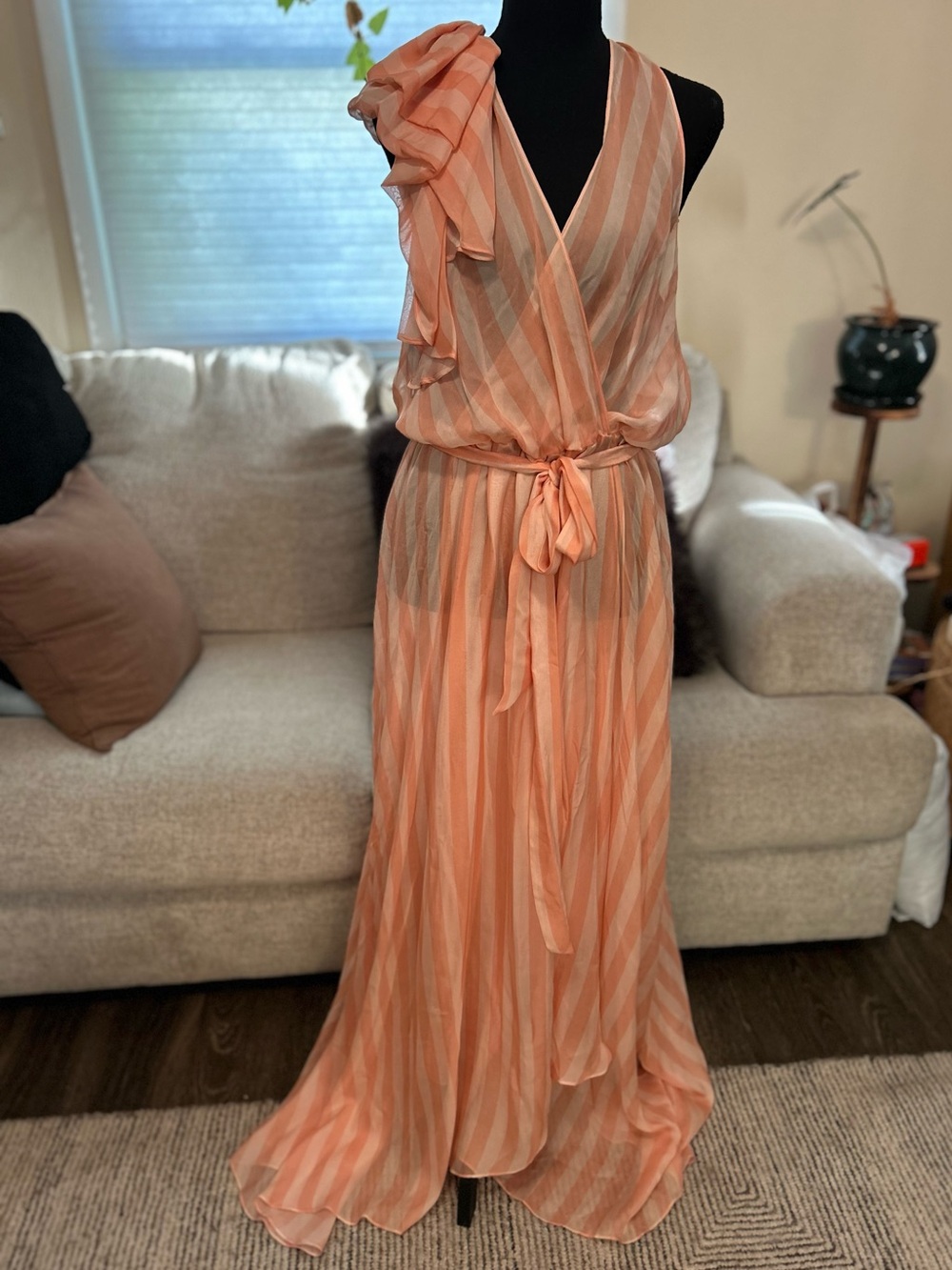 Temperley London Linden Asymmetrical Bow Striped Silk Maxi Dress Sz 12 Runway